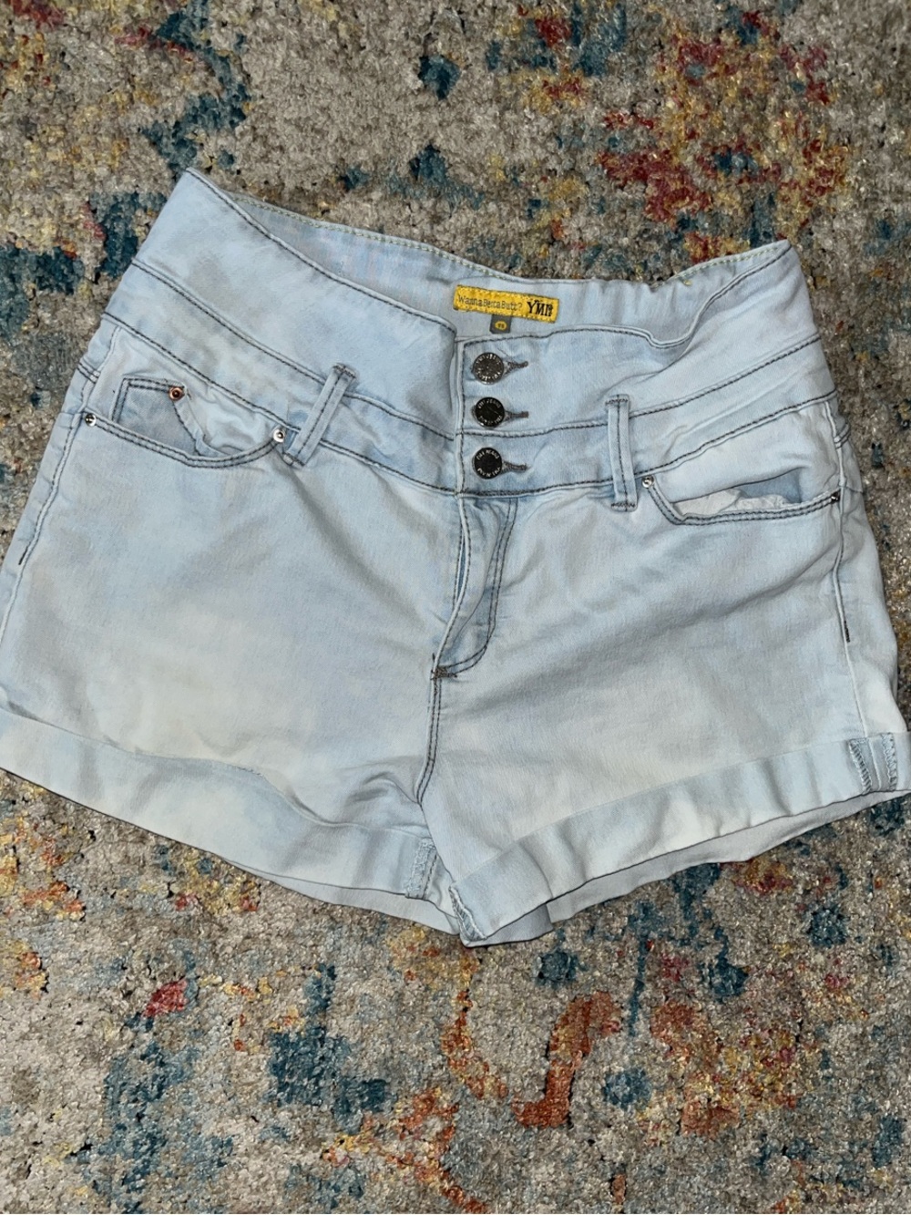 YMI Light Blue Denim High Rise Triple Button Cuffed Shorts